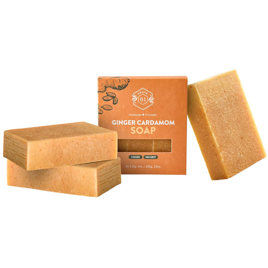 , Handmade in Canada, Plant Based Natural Bar Soap Cold Pressed for Face & Body, W/Premium Essential Oils, for Men & Women 3 Pack (Ginger Cardamom)
