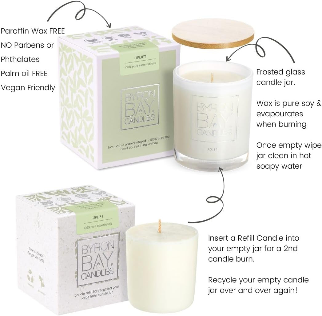 Uplift Large 50 Hour Soy Scented Candle Gift Set - Lemongrass, Clary Sage, Bergamot Peppermint 100% Essential Oils. Hand Poured Eco-Friendly Natural Aromatherapy Relaxation Candle